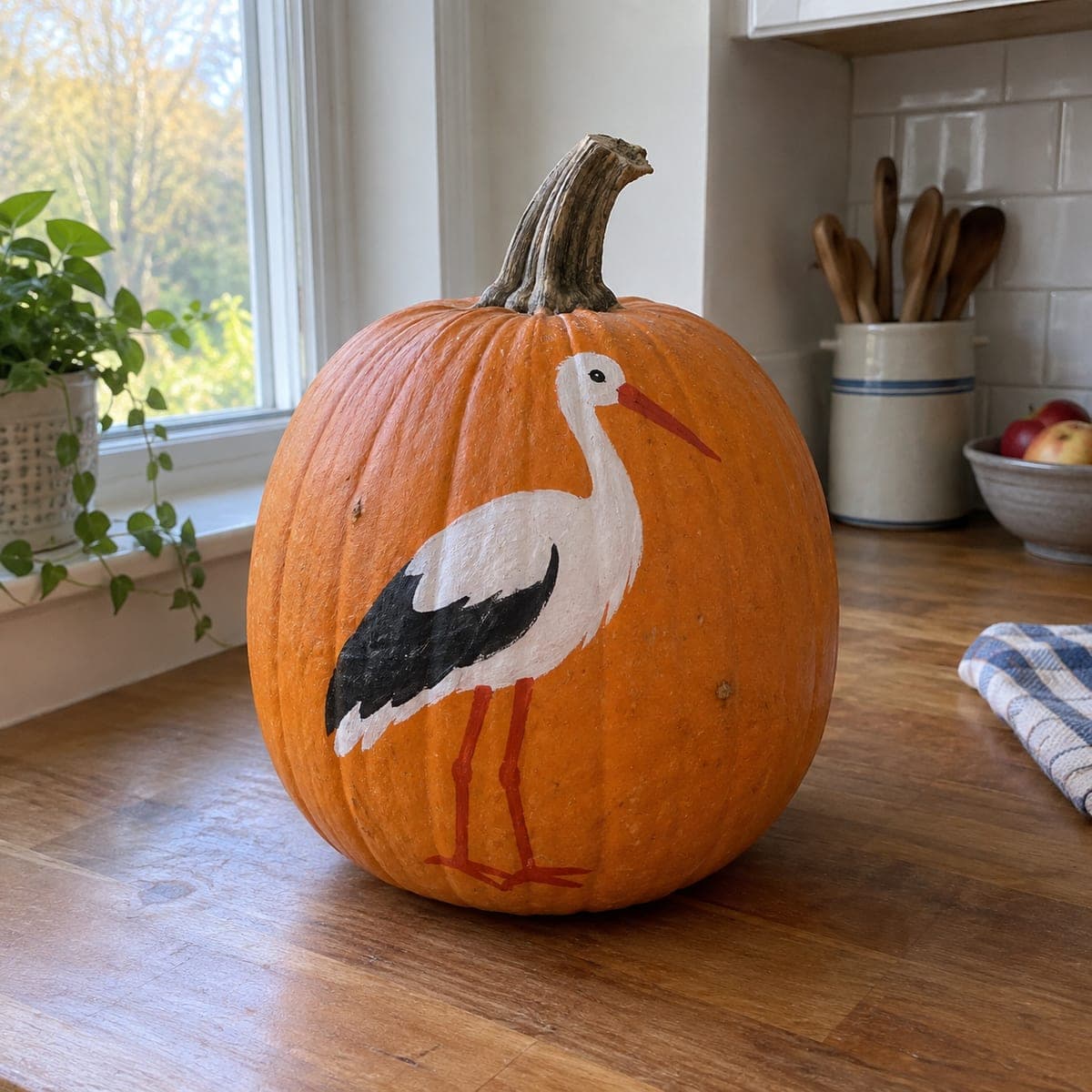 White Stork Painted Pumpkin for Bird Lovers
