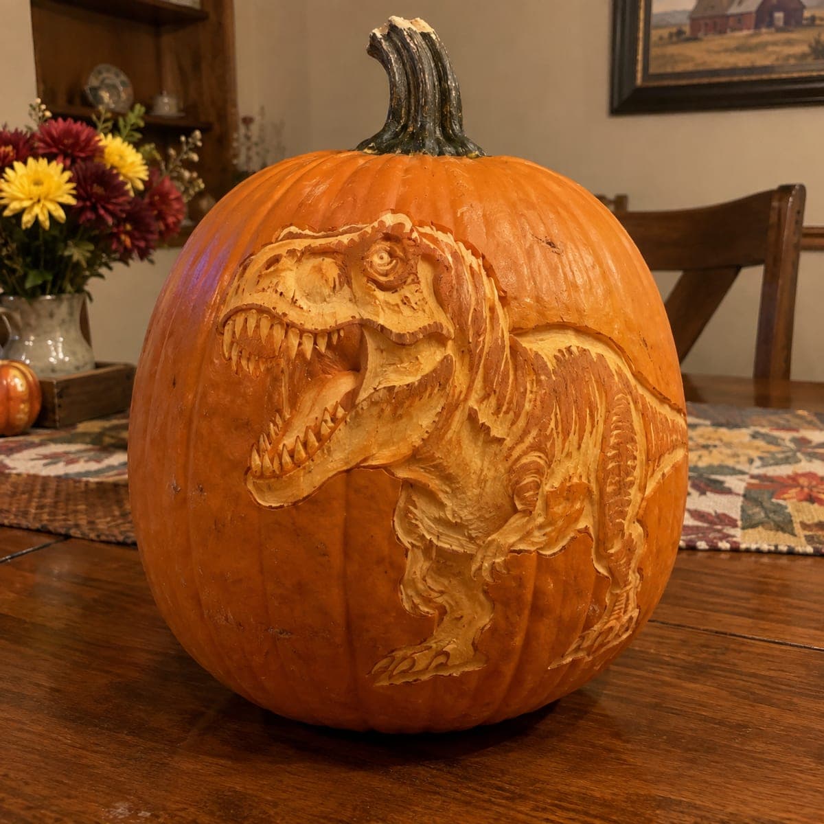 Roaring T-Rex Relief Carved Pumpkin