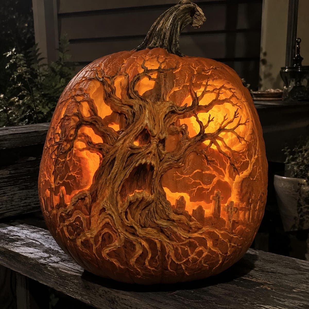 Screaming Haunted Tree and Graveyard Pumpkin Carving