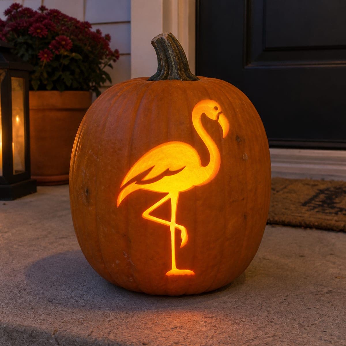Pink Flamingo Jack-O-Lantern Standing on One Leg