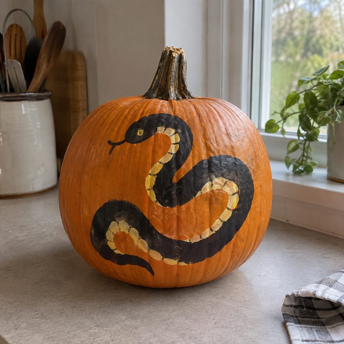 Coiled Black Snake Painted Pumpkin Design