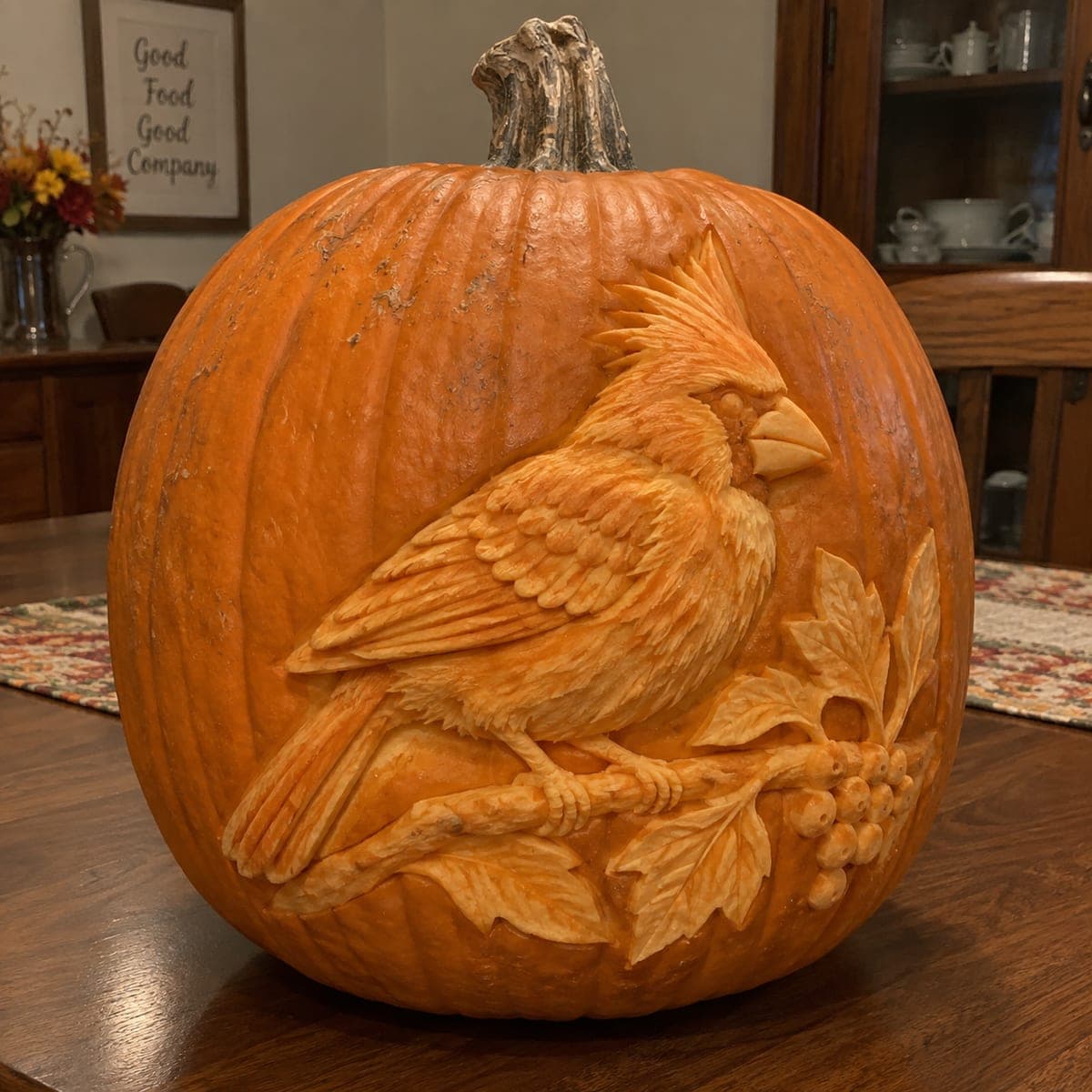 Cardinal on a Berry Branch Relief Pumpkin