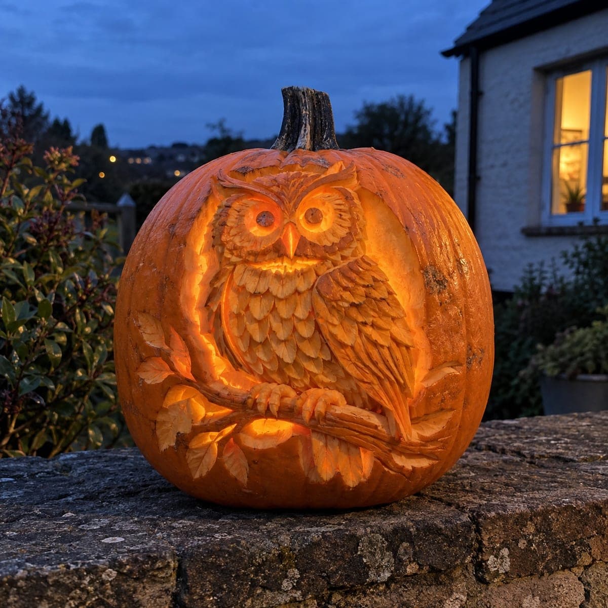 Perched Owl Pumpkin Carving With Layered Feathers