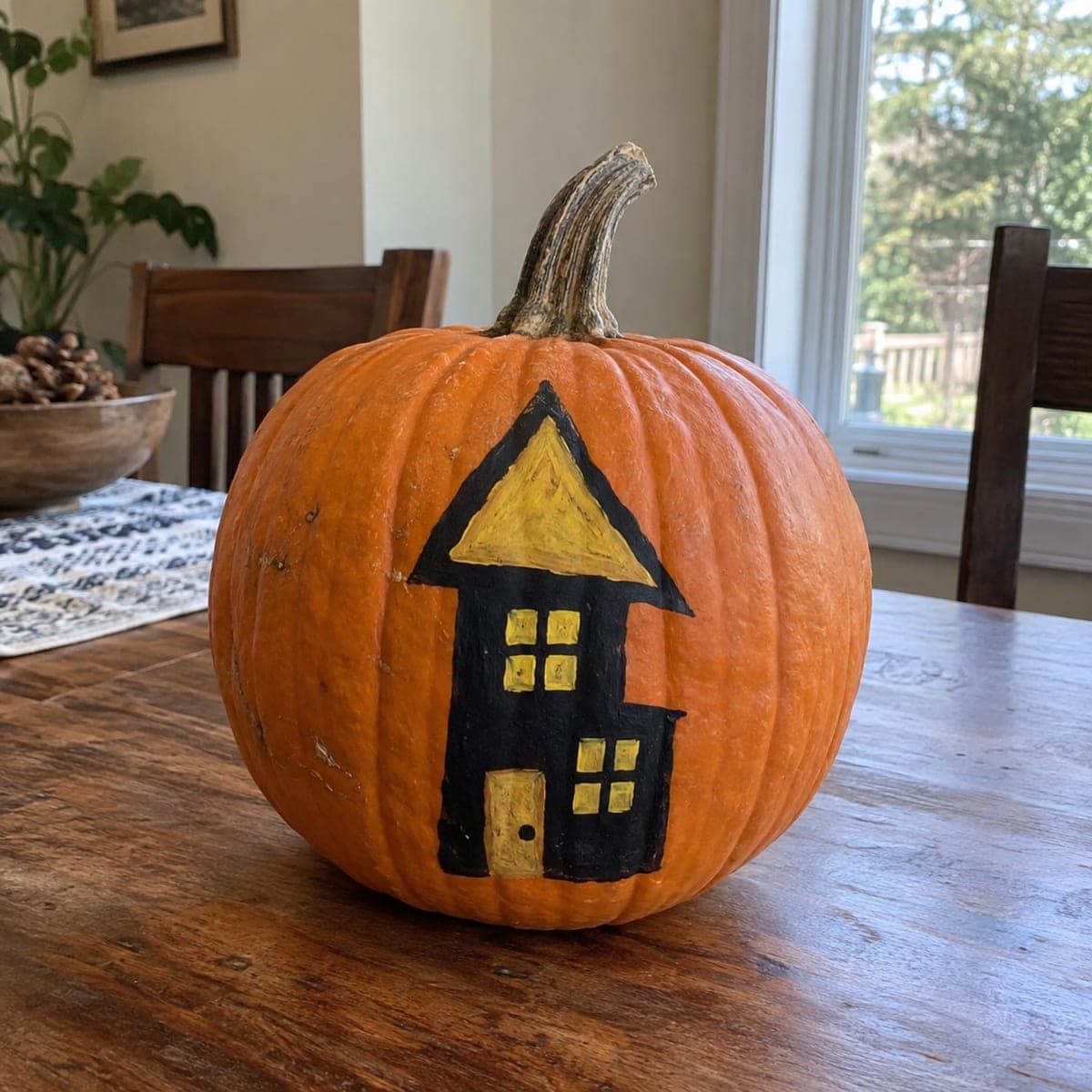 Whimsical Black Haunted House Painted Pumpkin