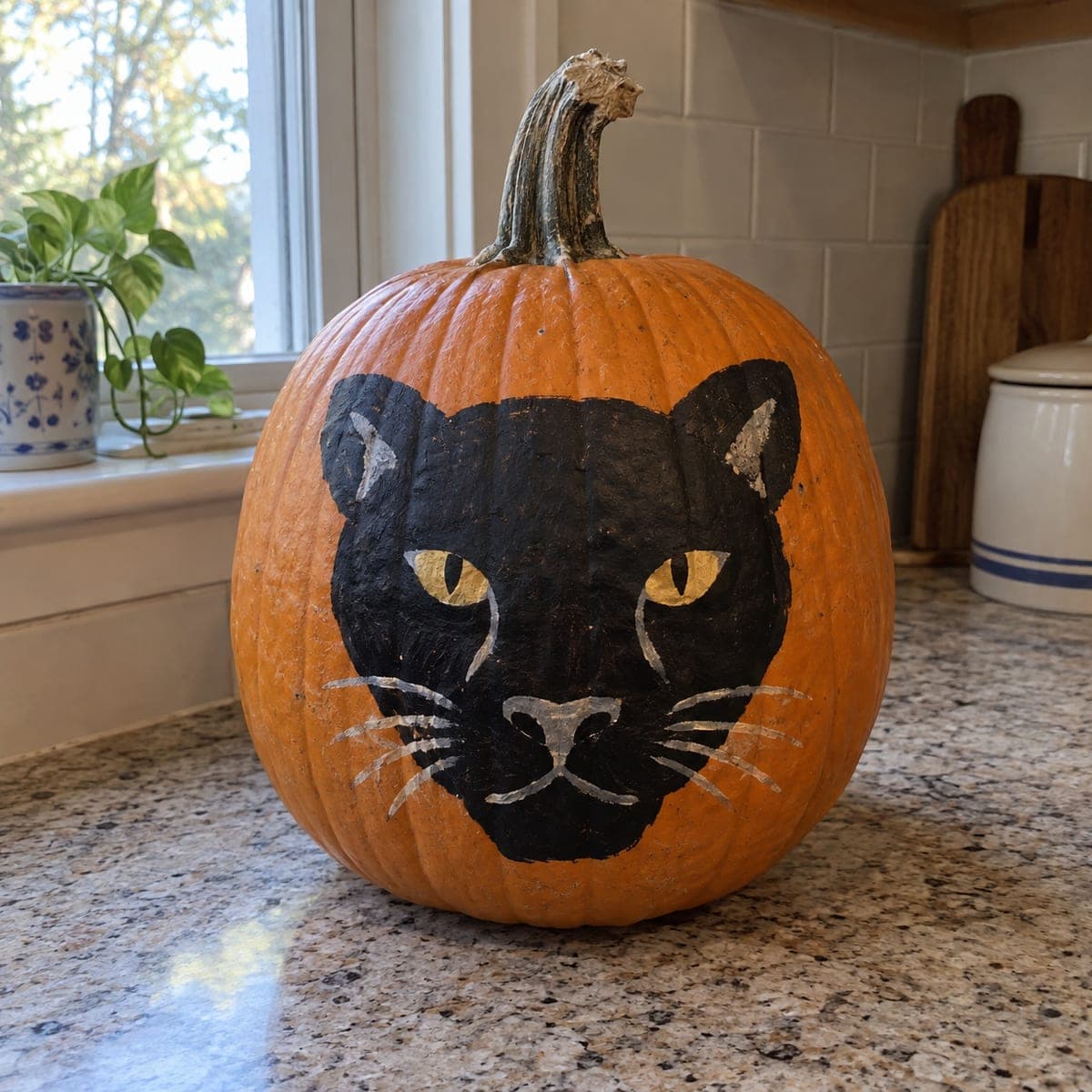 Black Panther Face Painted Pumpkin With Golden Eyes