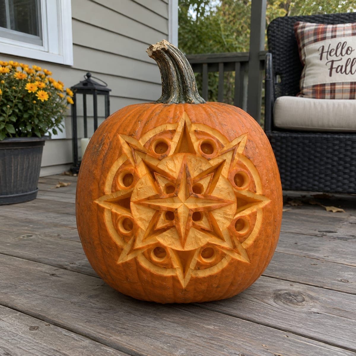 Carved Star Mandala Pumpkin With Compass Rose Center