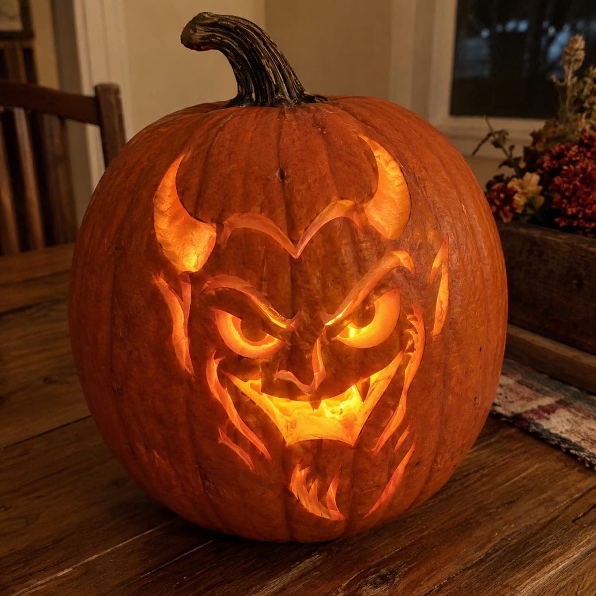 Grinning Devil Jack-O-Lantern With Curved Horns