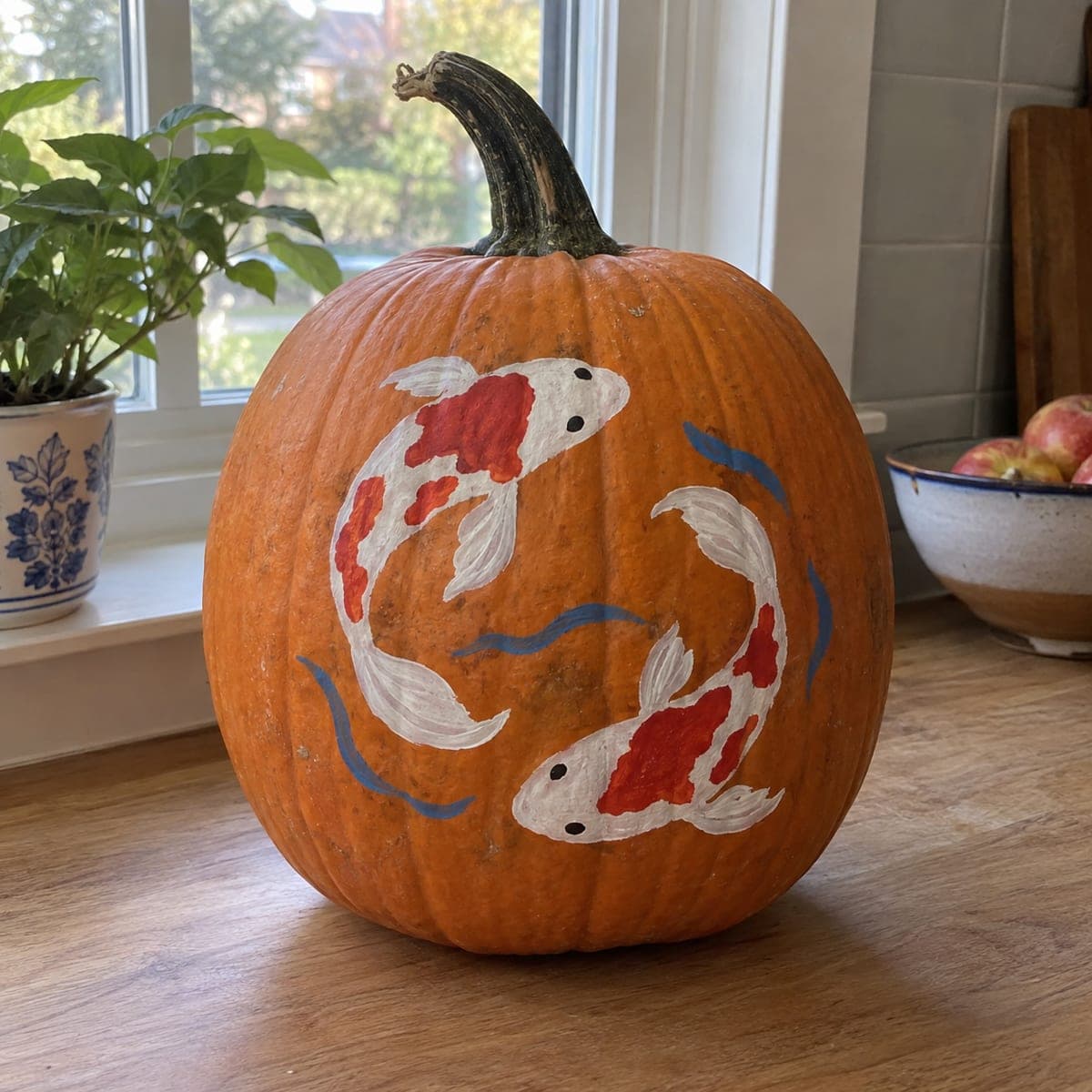 Twin Koi Fish Painted Pumpkin Design