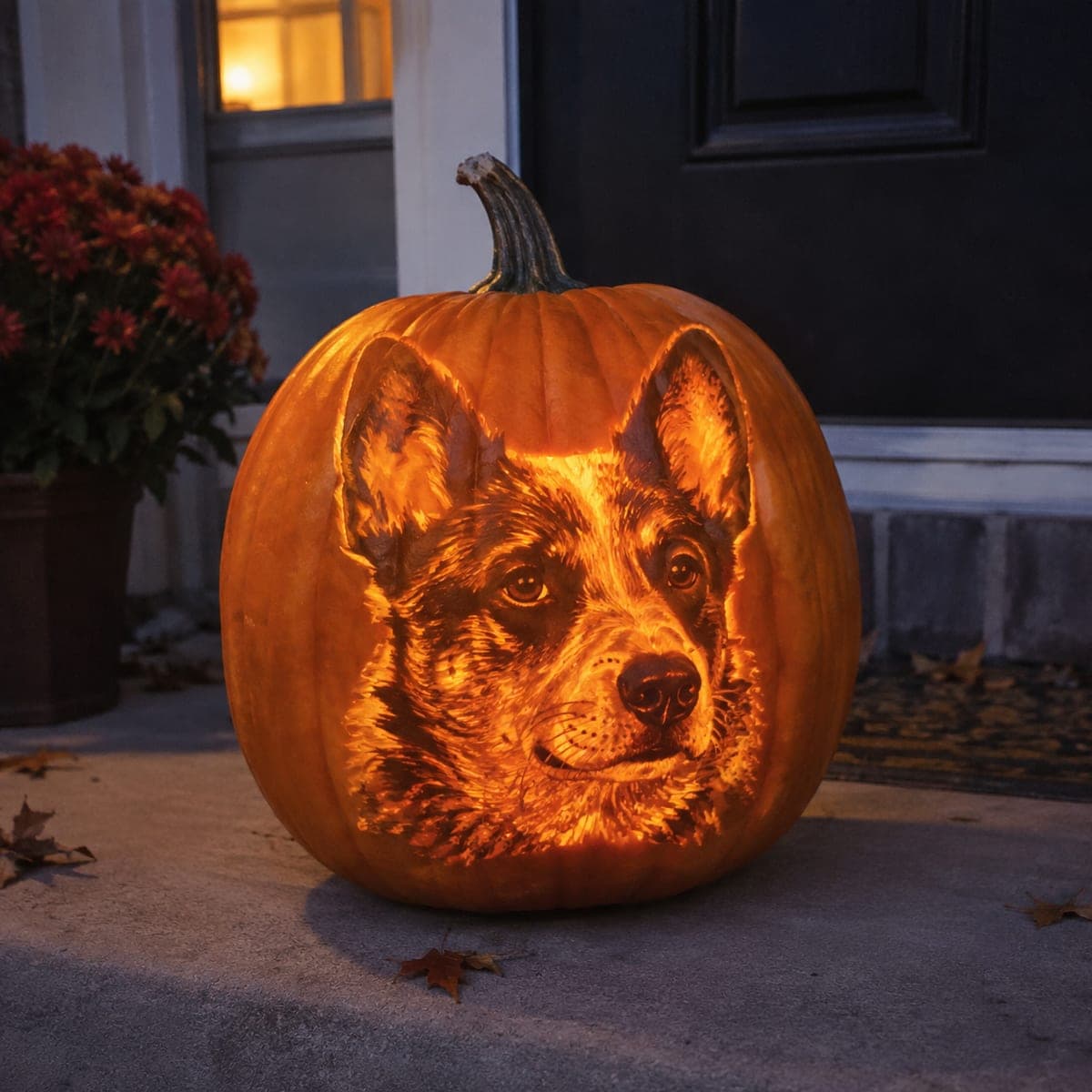 Herding Dog Portrait Etched Glowing Pumpkin