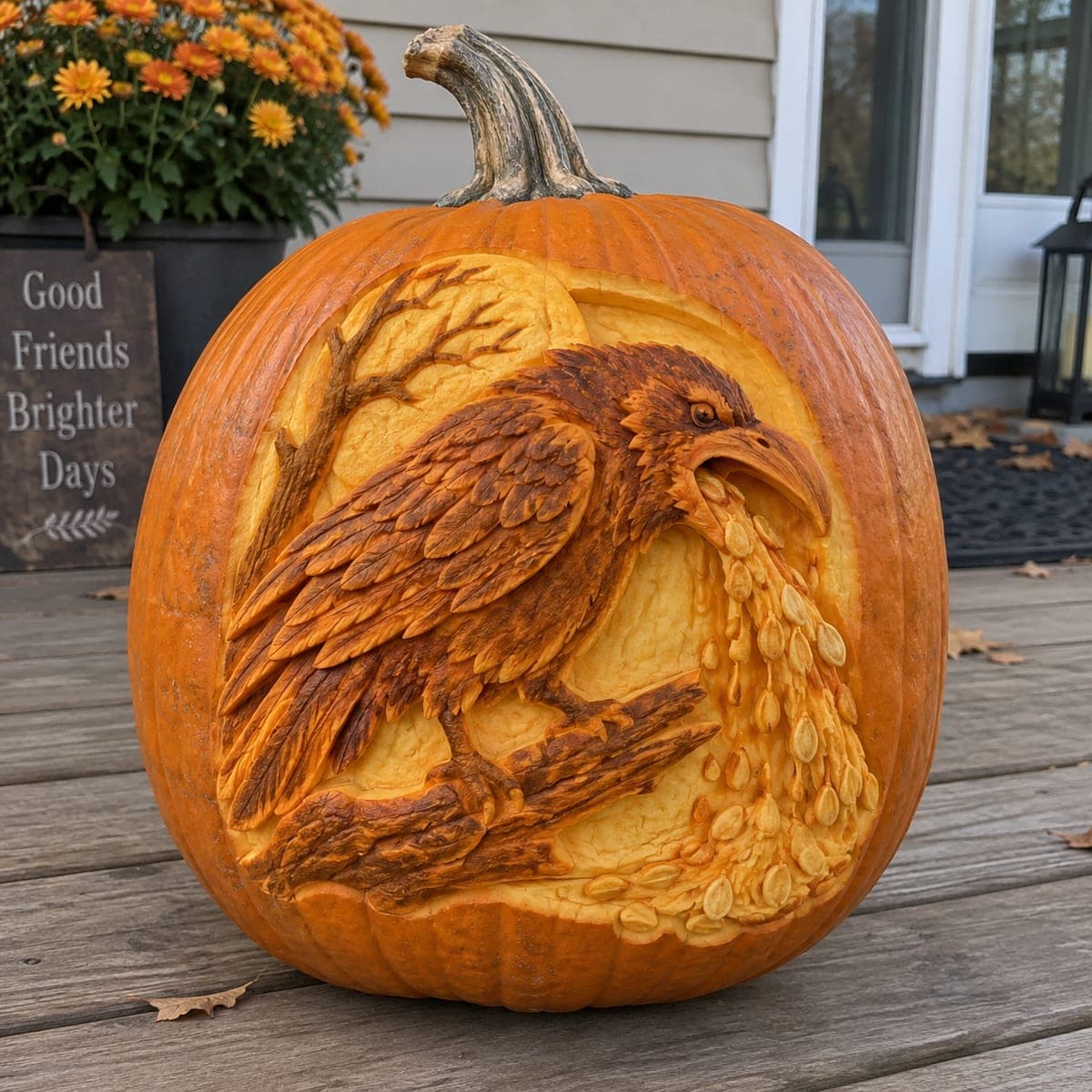Raven Spilling Pumpkin Seeds Relief Carving
