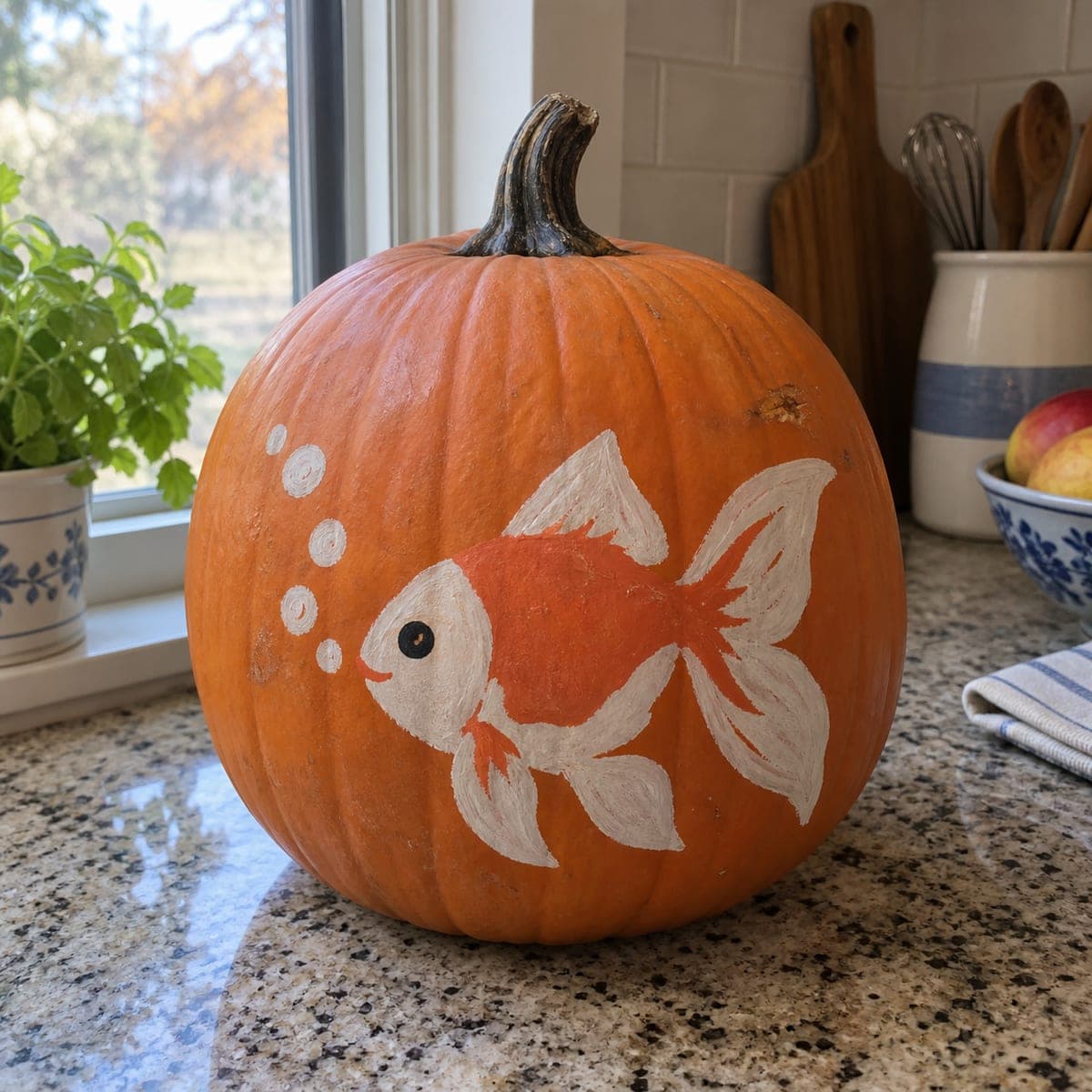 Goldfish With Bubbles Painted No-Carve Pumpkin