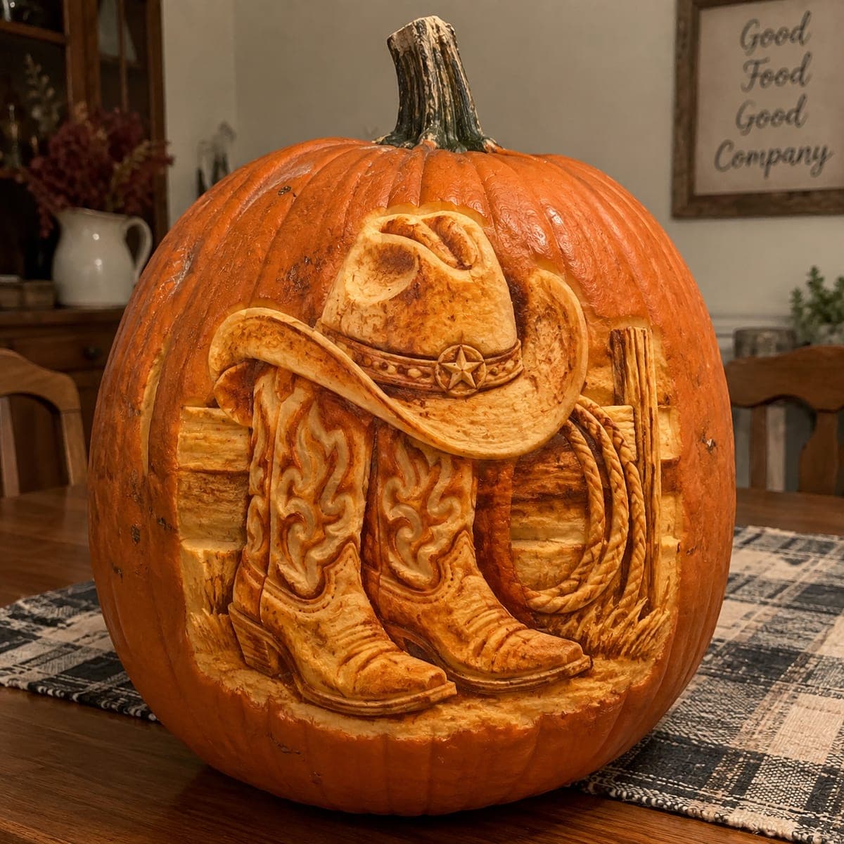 Cowboy Boots and Hat Sculpted Western Pumpkin
