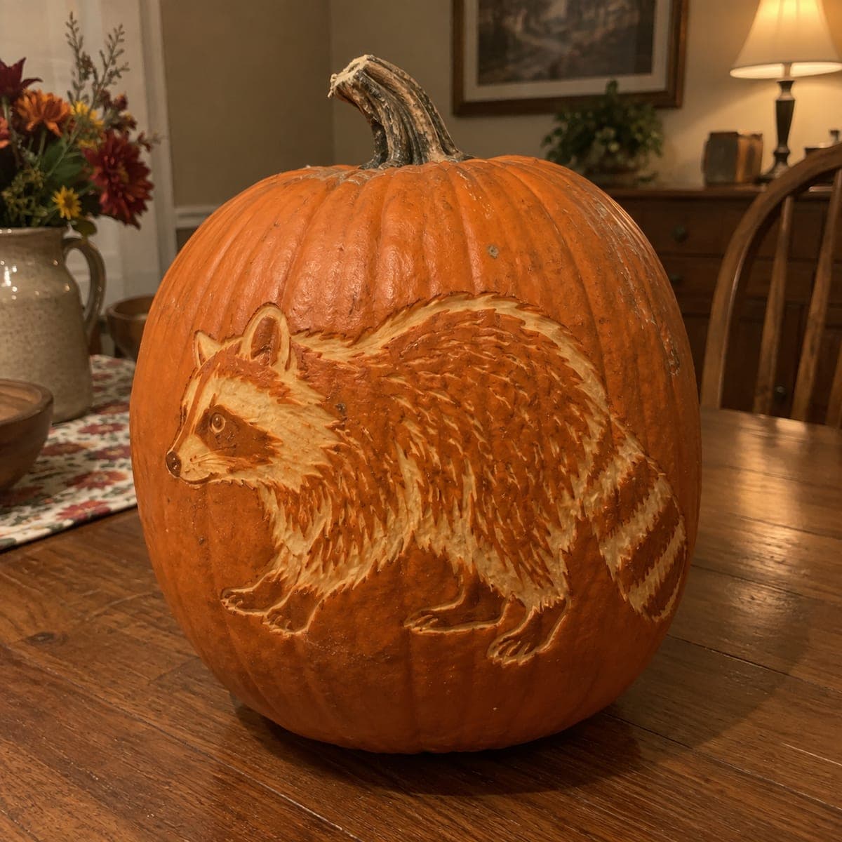 Curious Raccoon Etched Pumpkin Portrait