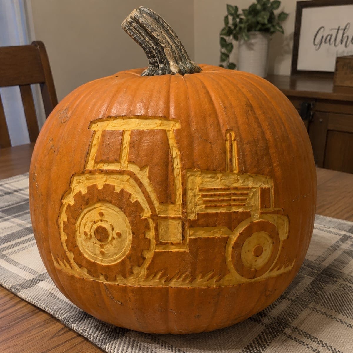 Farm Tractor Etched Harvest Pumpkin
