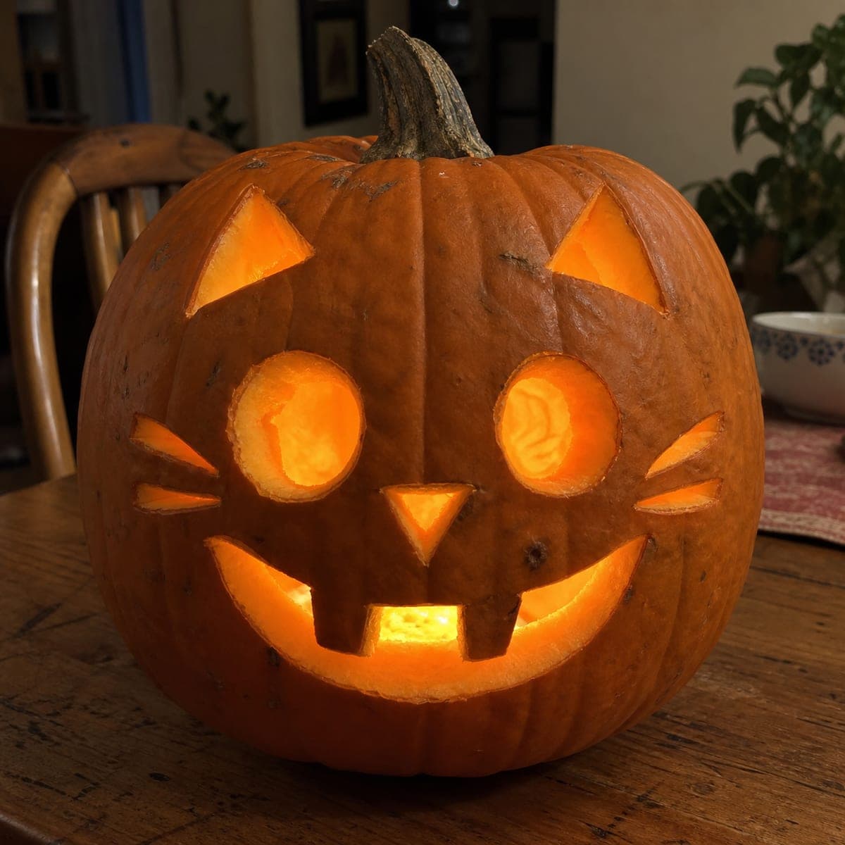 Cat Face Jack-O-Lantern With Carved Whiskers