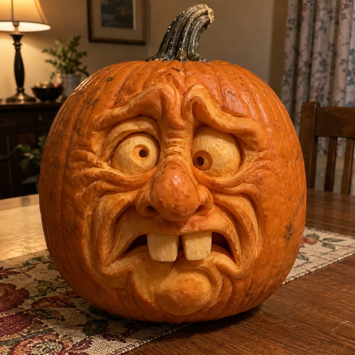 Worried Face Sculpted Pumpkin With Buck Teeth