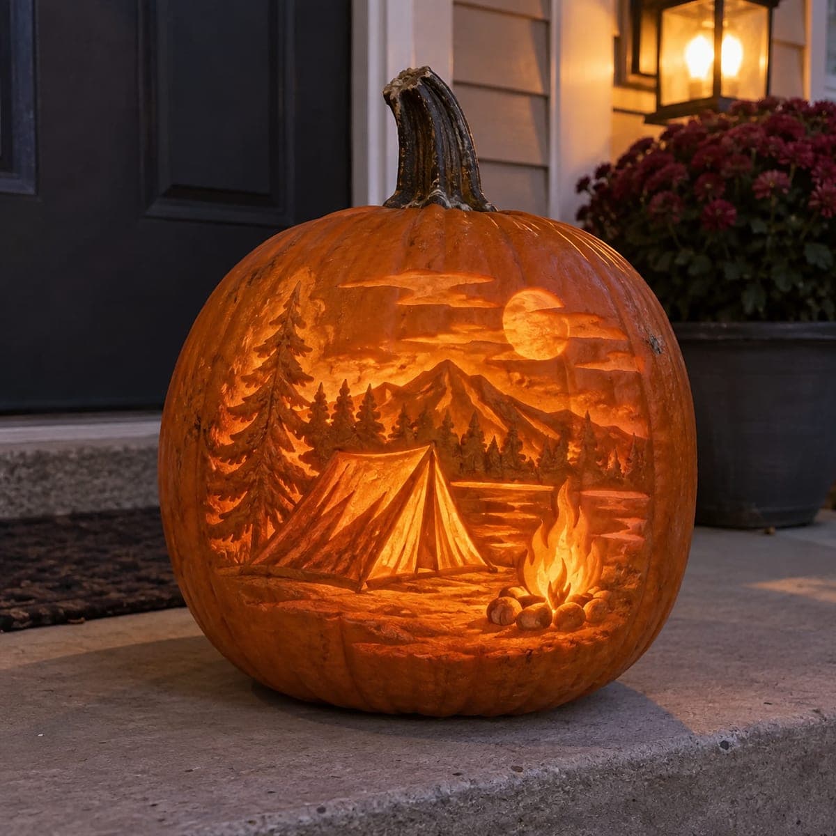 Mountain Campfire Scene Glowing Pumpkin Carving