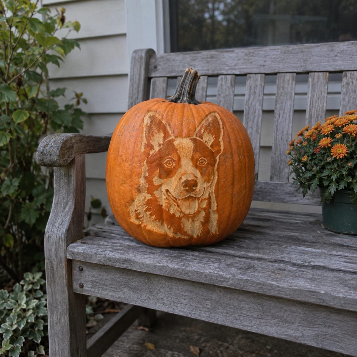 Smiling Corgi Portrait Etched Pumpkin Art