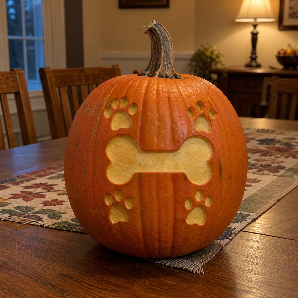Dog Bone and Paw Prints Carved Pumpkin