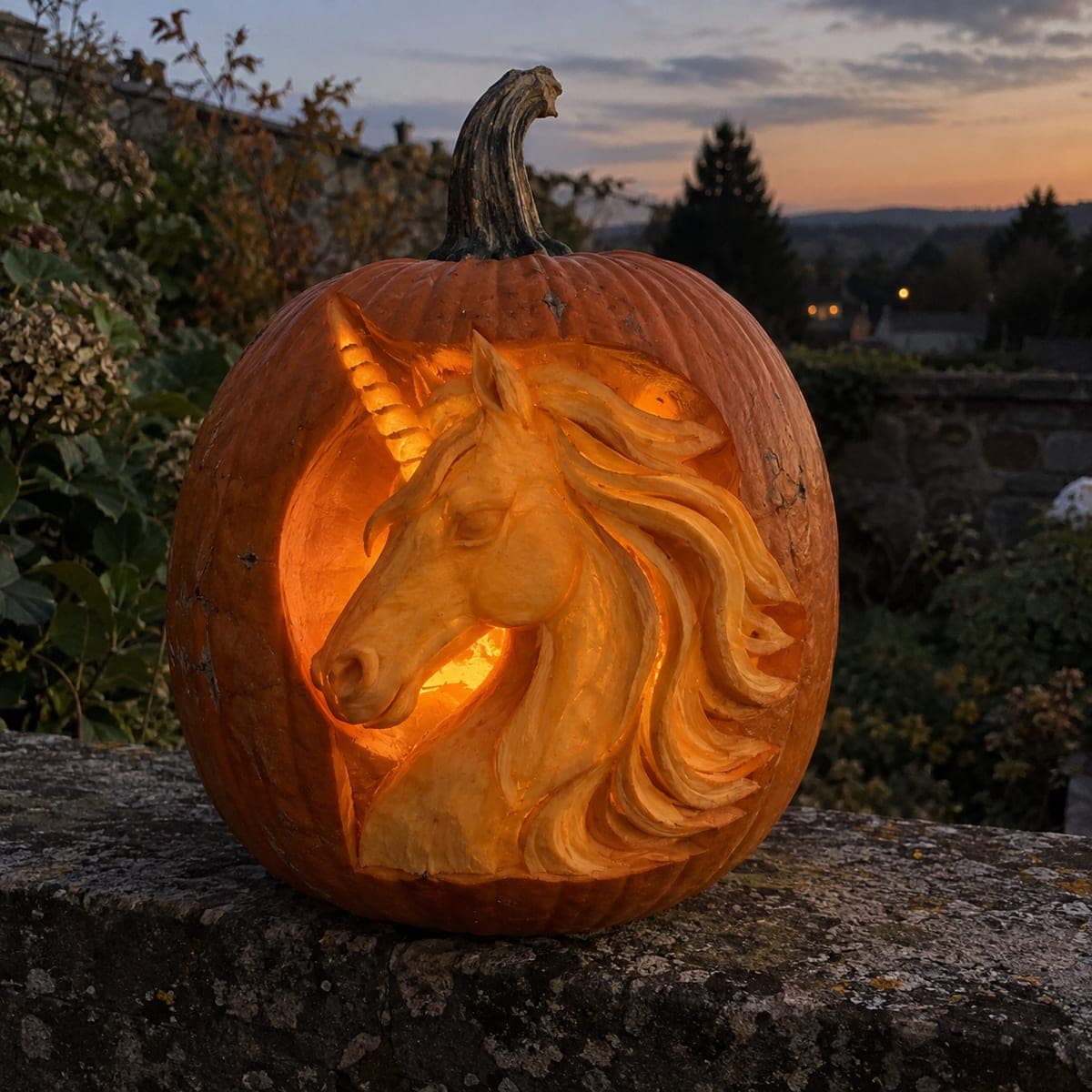 Majestic Unicorn Relief Pumpkin Carving at Dusk