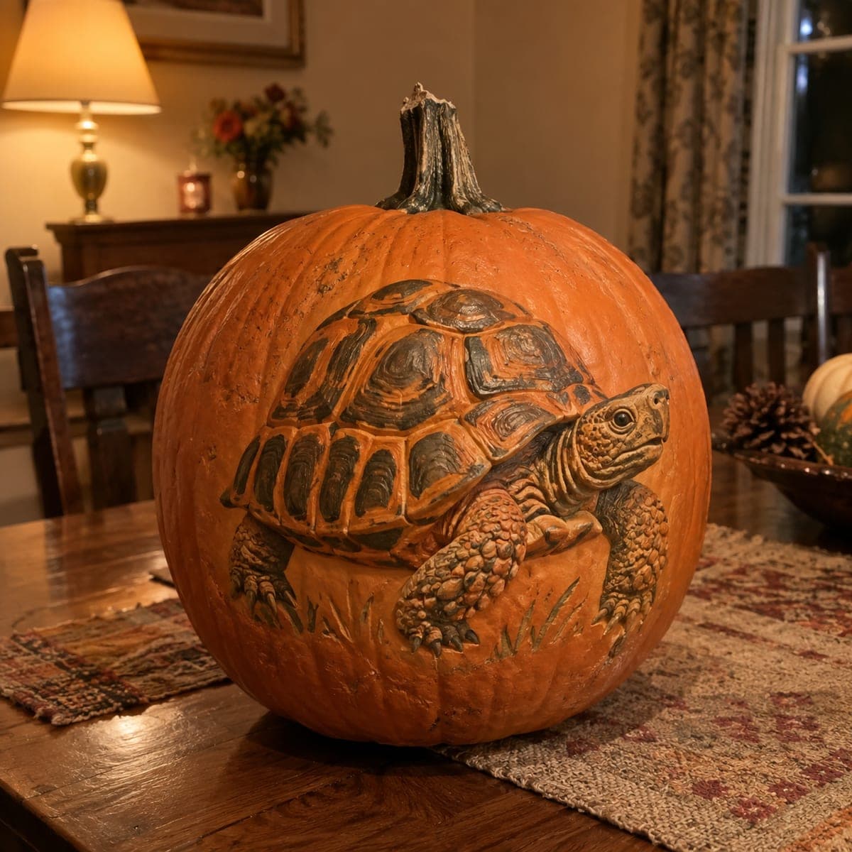Realistic Tortoise Relief Carved Pumpkin Centerpiece