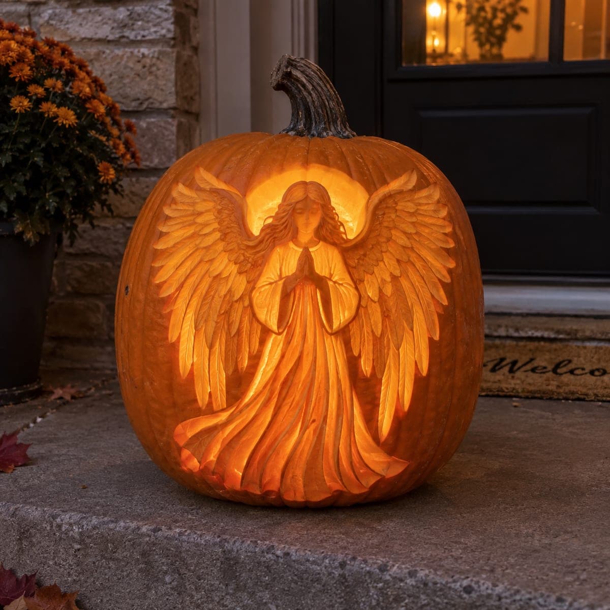 Praying Angel Jack-O-Lantern With Feathered Wings