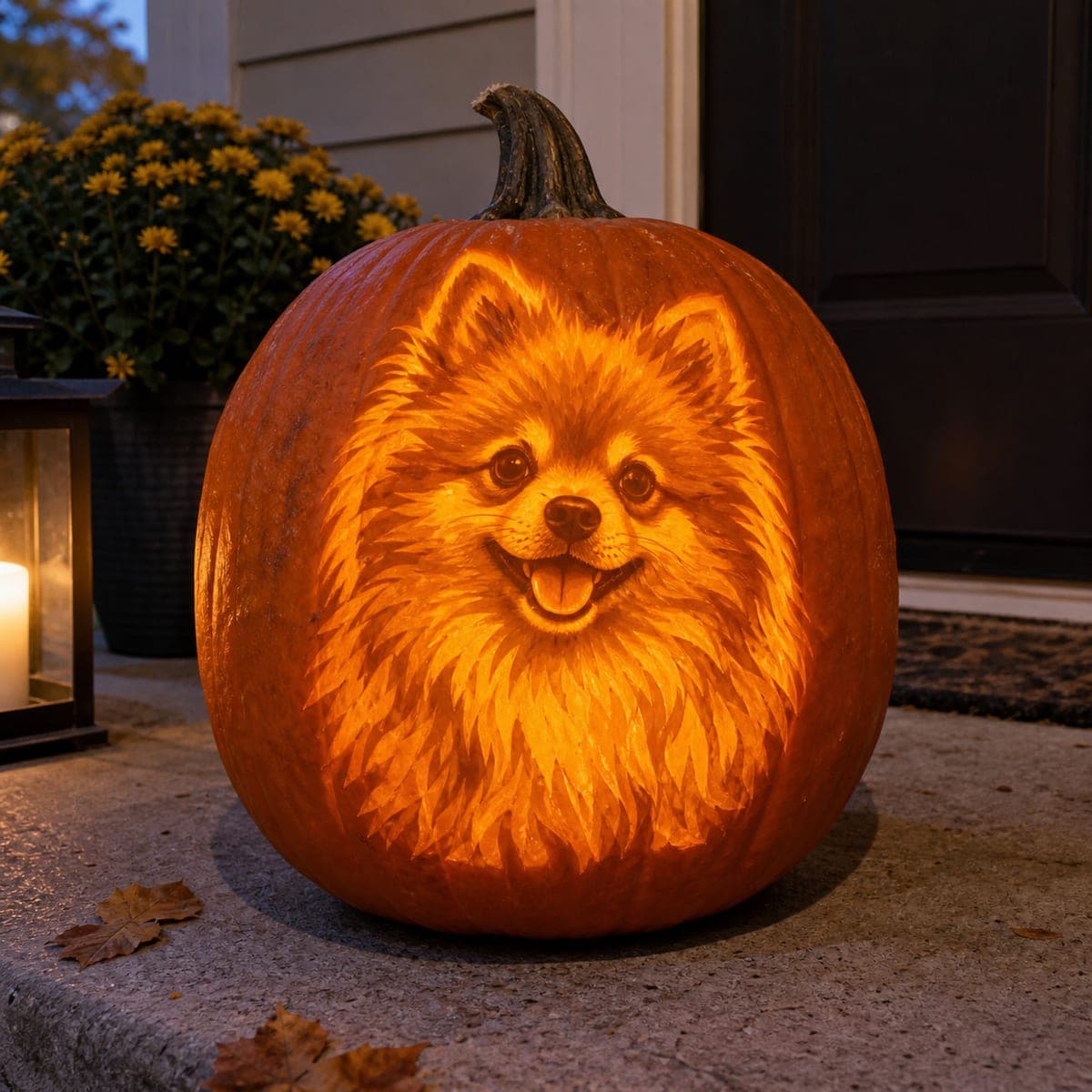 Fluffy Pomeranian Portrait Glowing Pumpkin Carving