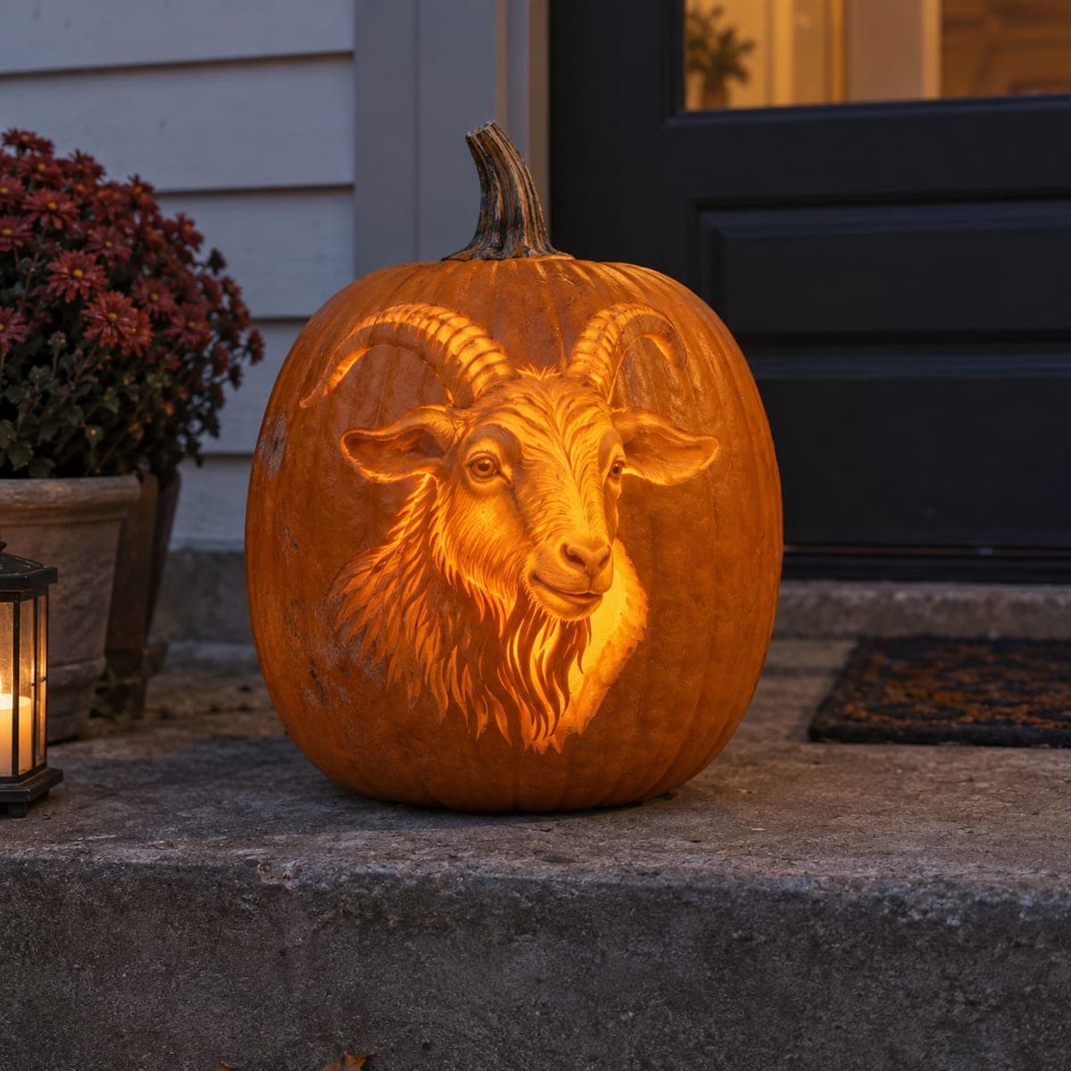 Curled Horn Goat Portrait Pumpkin Carving