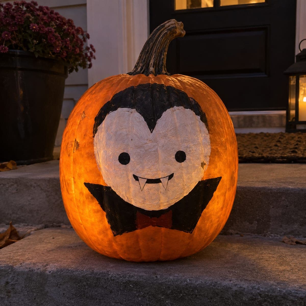 Cute Vampire Painted Pumpkin With Bow Tie