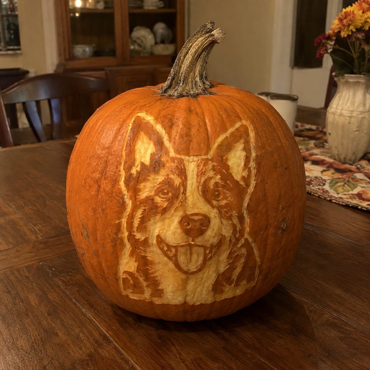 Happy Corgi Etched Pumpkin Carving Portrait