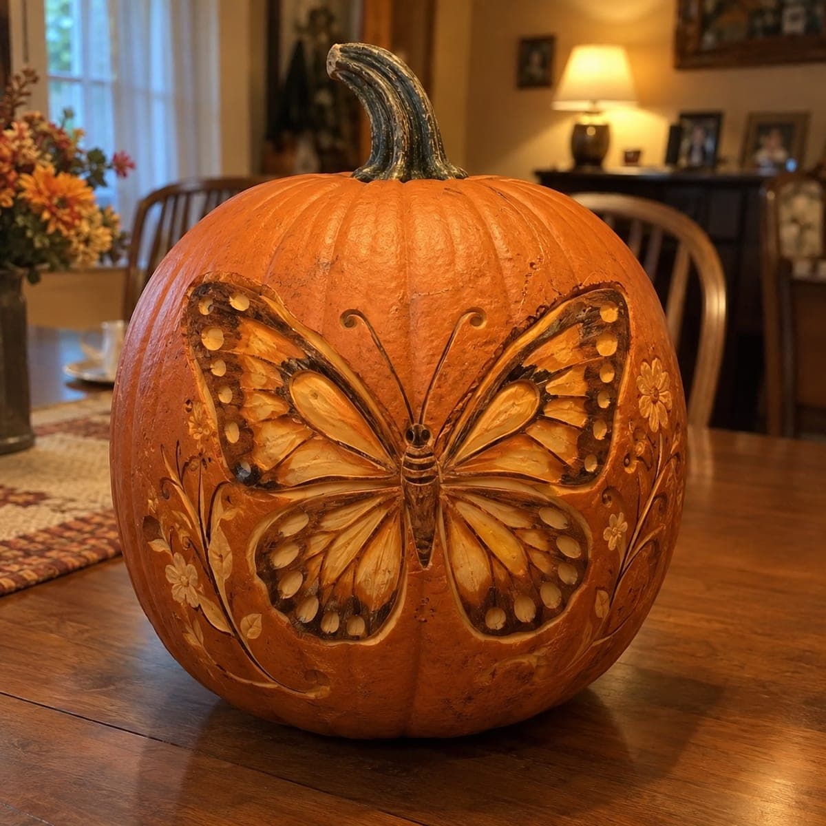 Monarch Butterfly Etched Pumpkin With Floral Vines