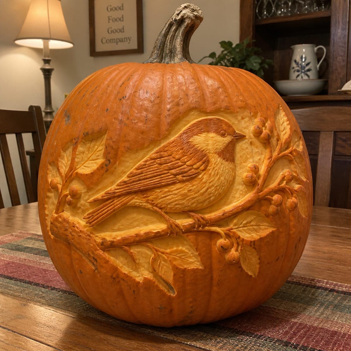 Songbird on a Berry Branch Relief Pumpkin