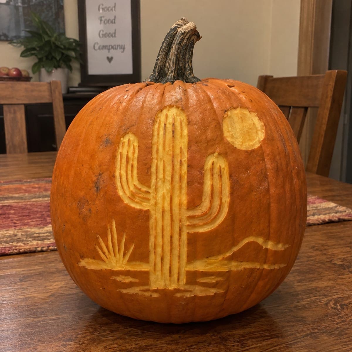 Saguaro Cactus Desert Scene Carved Pumpkin