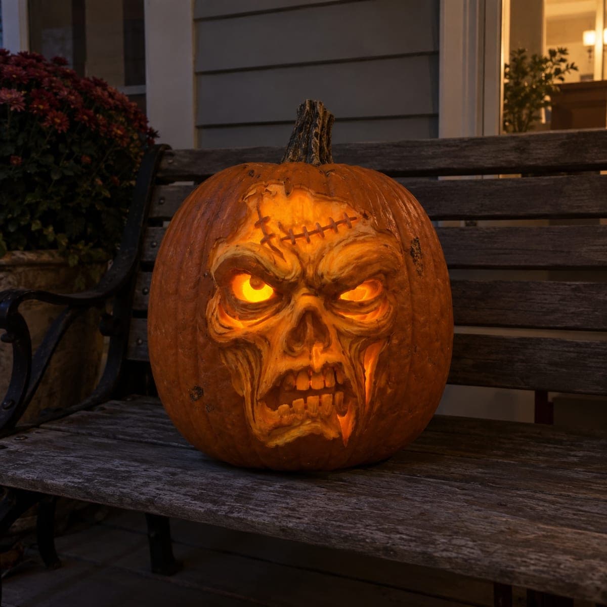 Rotting Zombie Skull Jack-O-Lantern With Stitched Scar