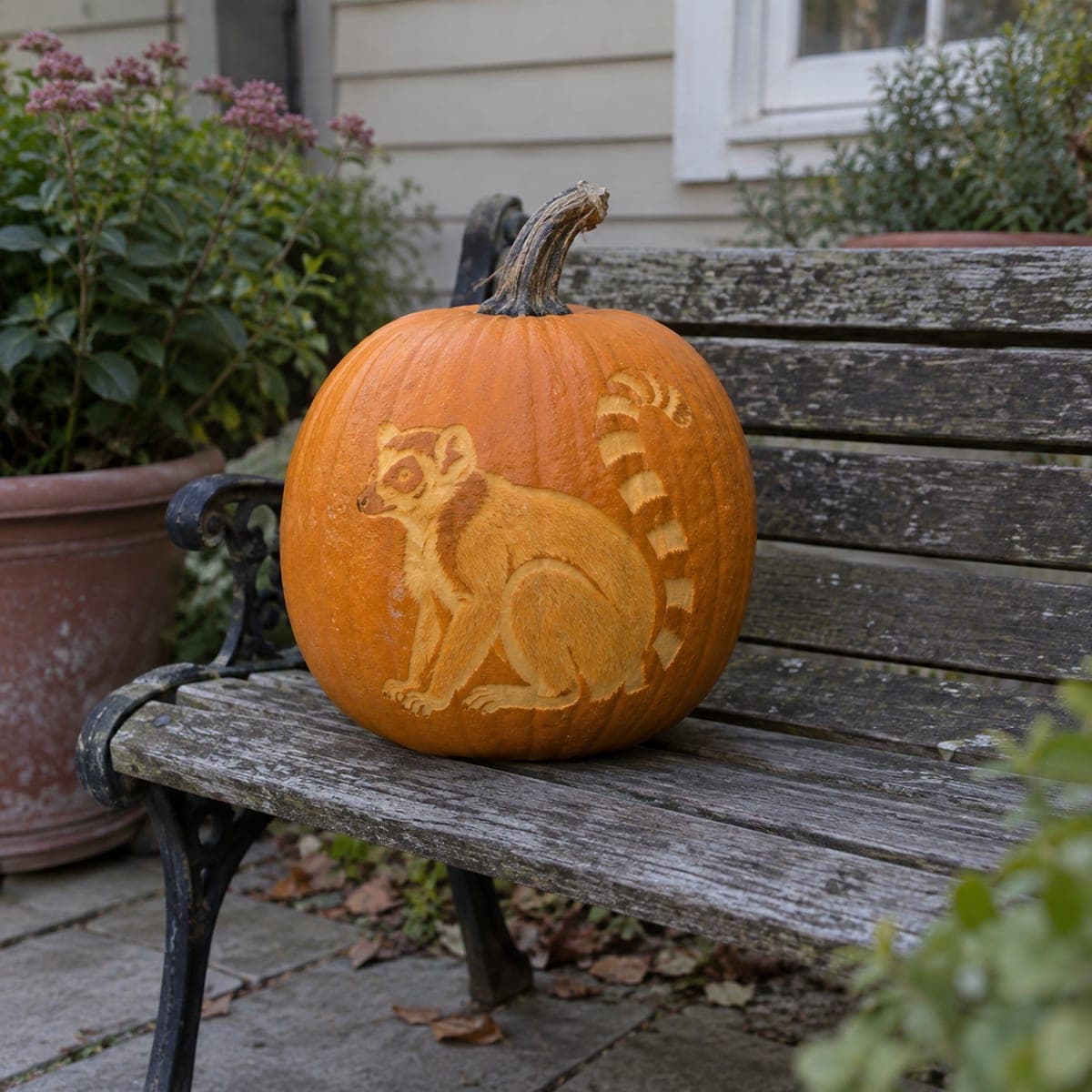 Ring-Tailed Lemur Etched Pumpkin Portrait