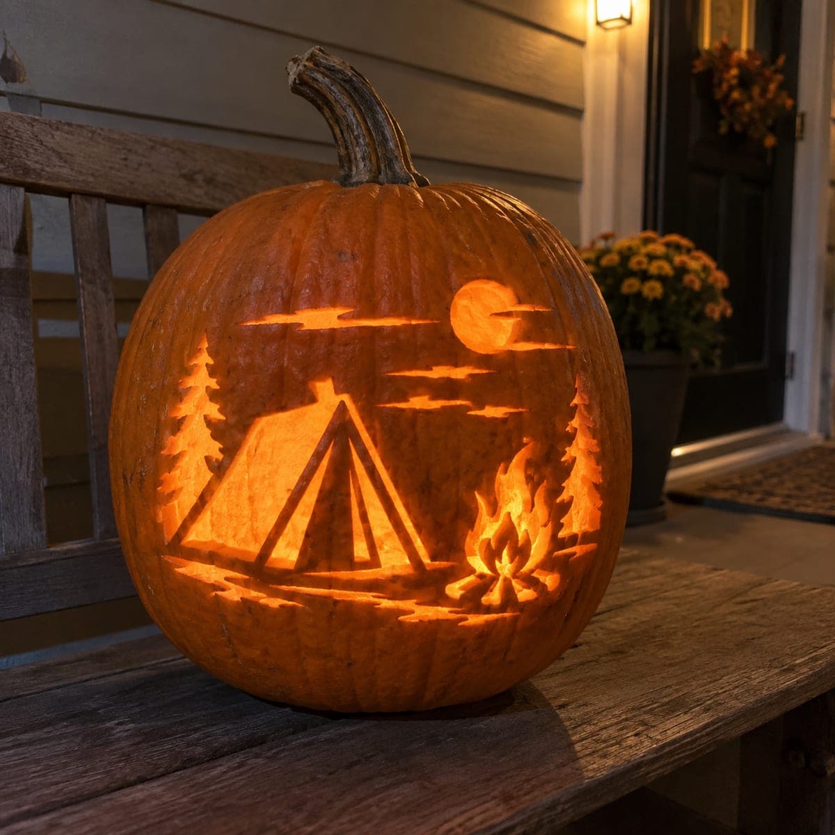 Cozy Campfire and Tent Scene Pumpkin Carving
