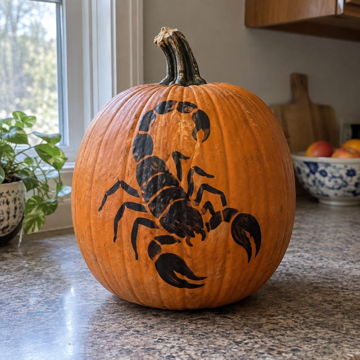 Bold Black Scorpion Painted Pumpkin Design