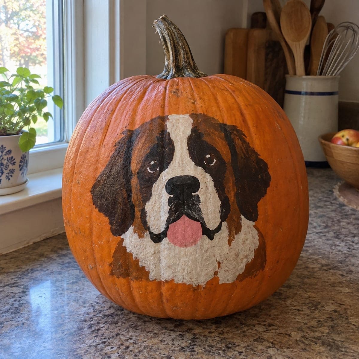 St Bernard Dog Painted Pumpkin Portrait