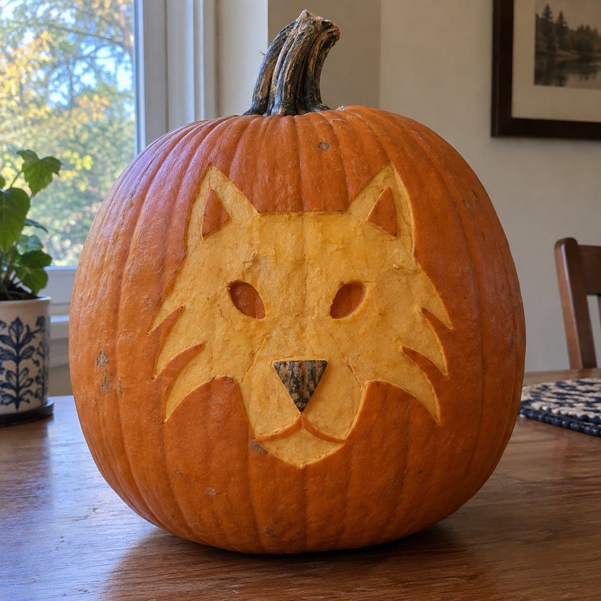 Geometric Wolf Face Peeled Pumpkin Carving