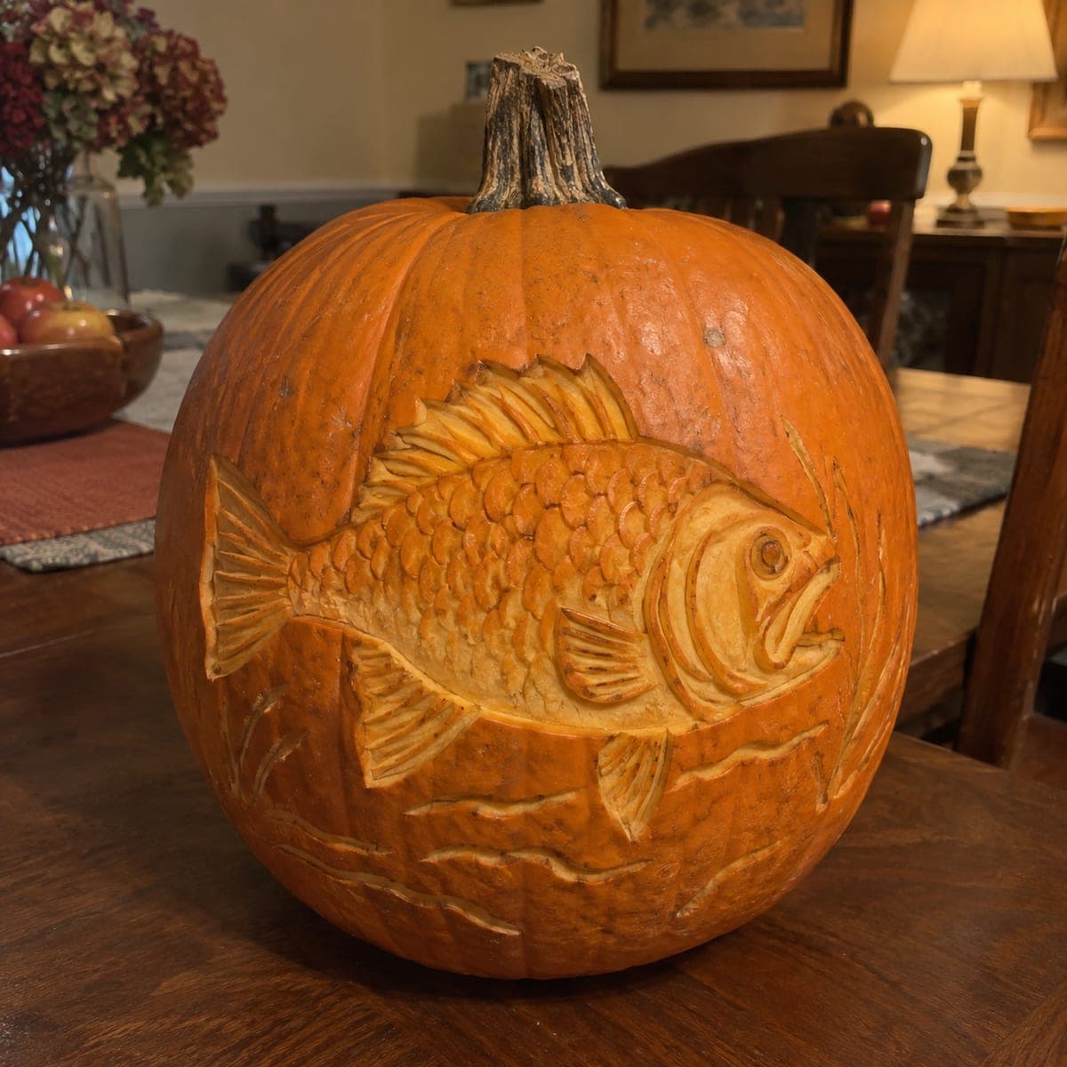 Trophy Bass Fish Relief Carved Pumpkin