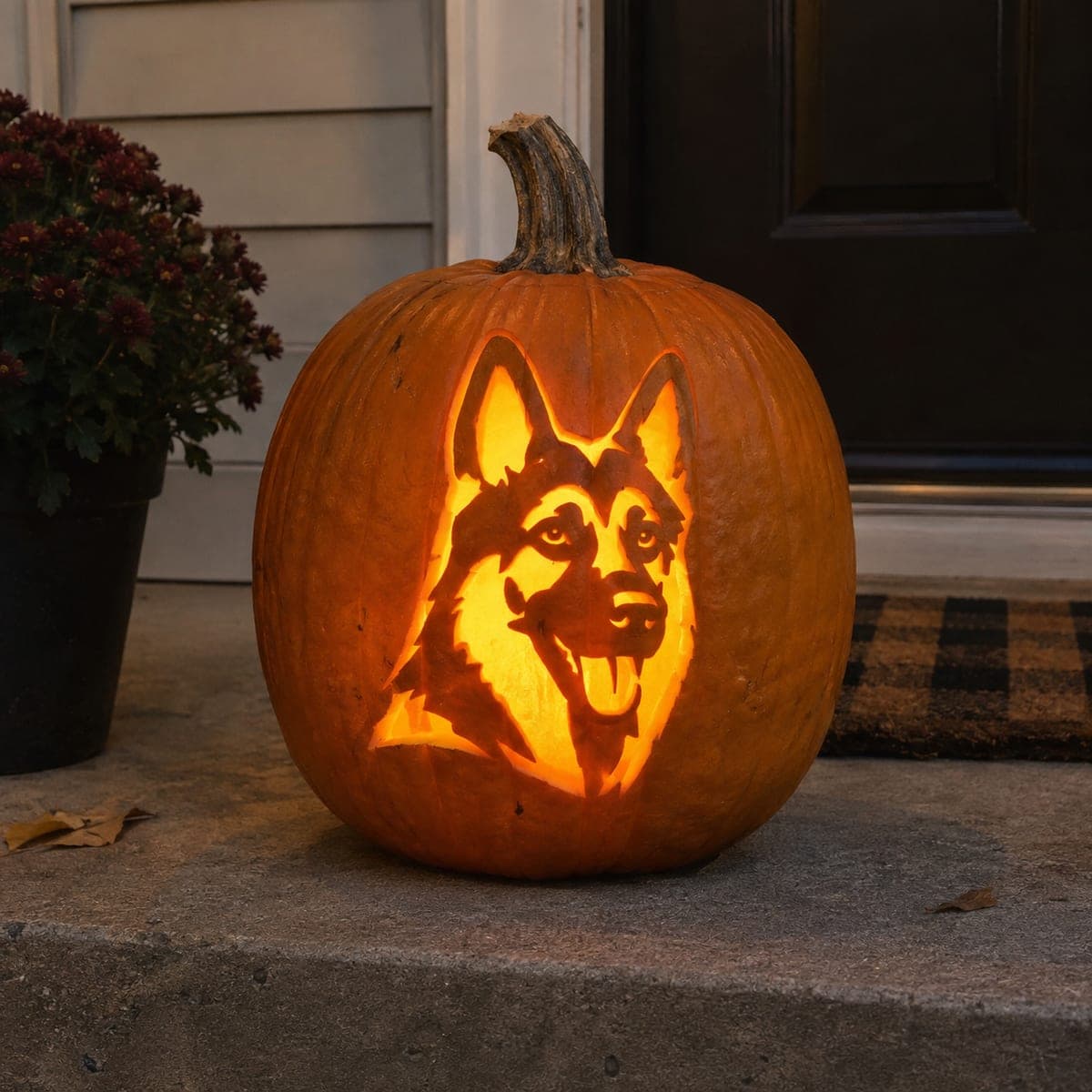 German Shepherd Portrait Glowing Pumpkin Carving