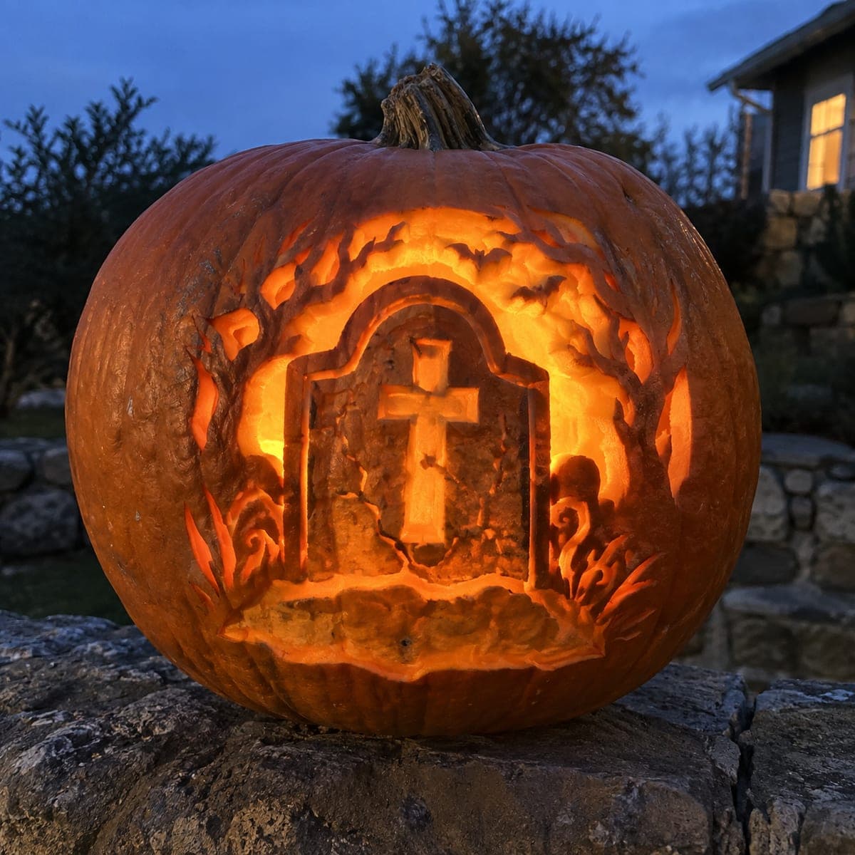 Gravestone Cross and Bats Spooky Scene Pumpkin