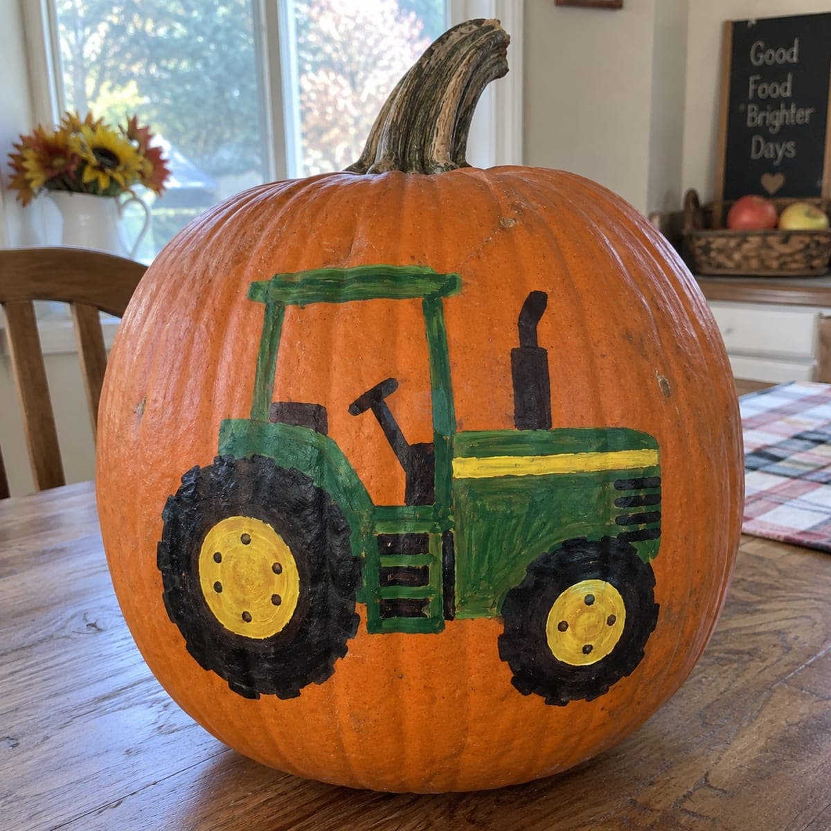 Green Farm Tractor Painted Harvest Pumpkin