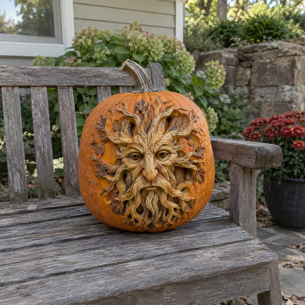 Ancient Green Man Tree Spirit Carved Pumpkin