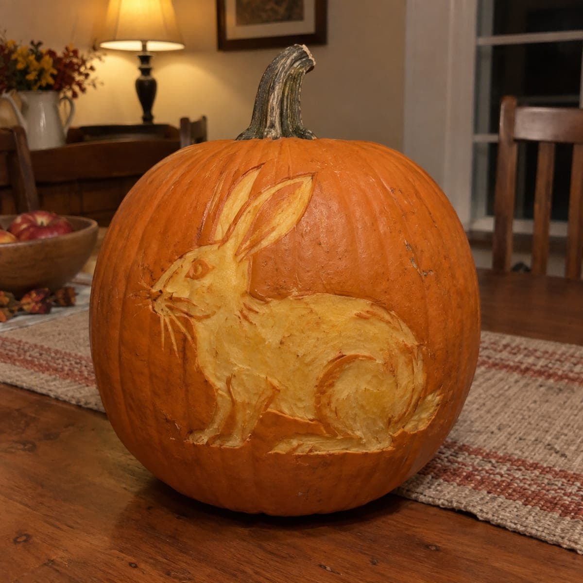 Sitting Rabbit Relief Carved Pumpkin