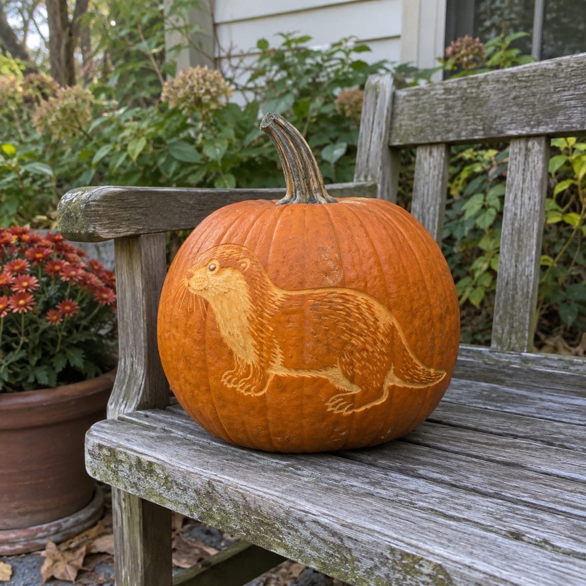 River Otter Etched Pumpkin Design