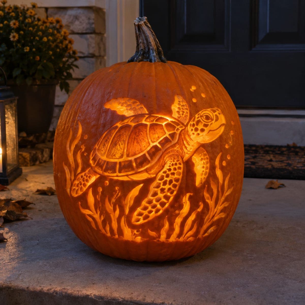 Sea Turtle Swimming Through Seaweed Pumpkin Scene