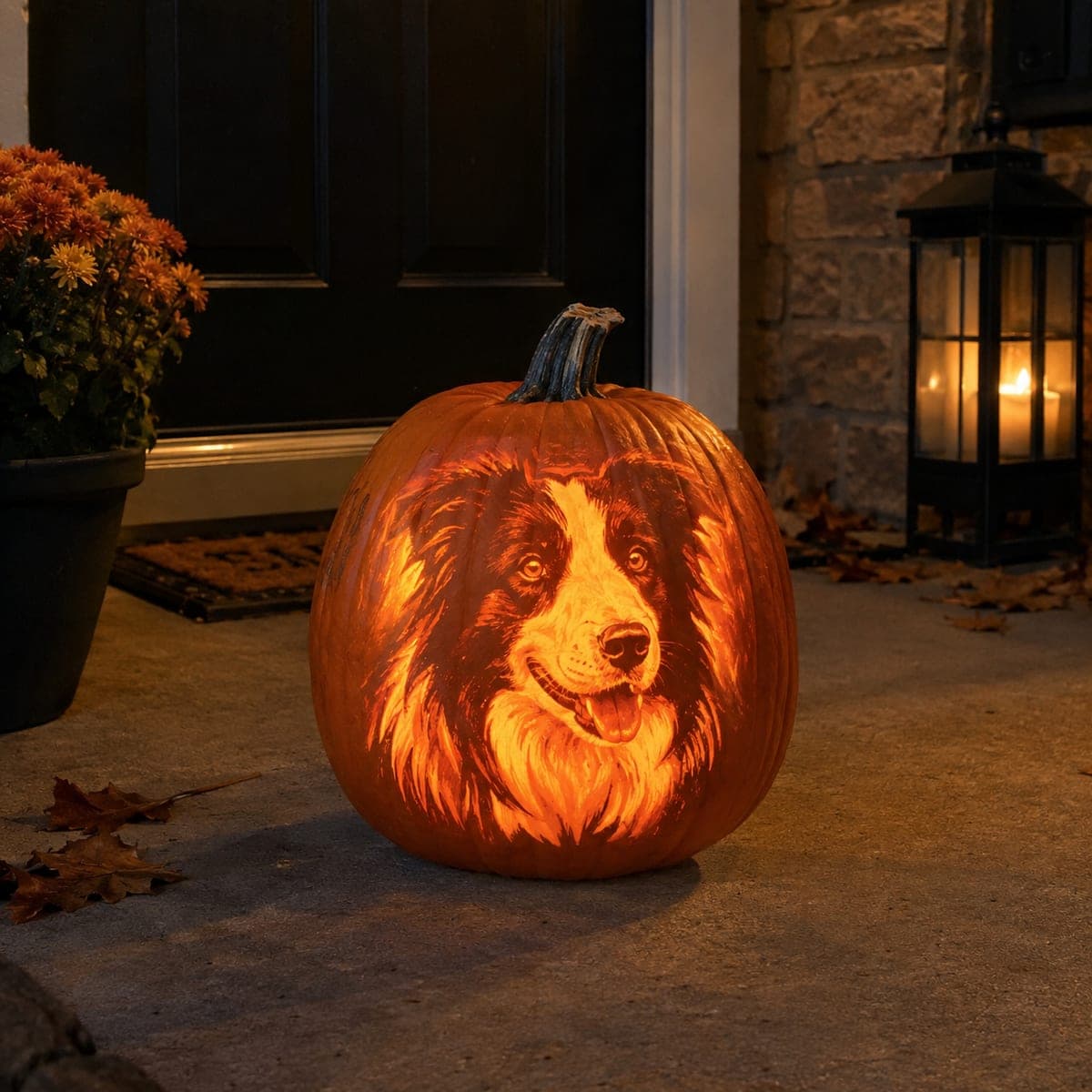 Border Collie Glowing Pumpkin Portrait