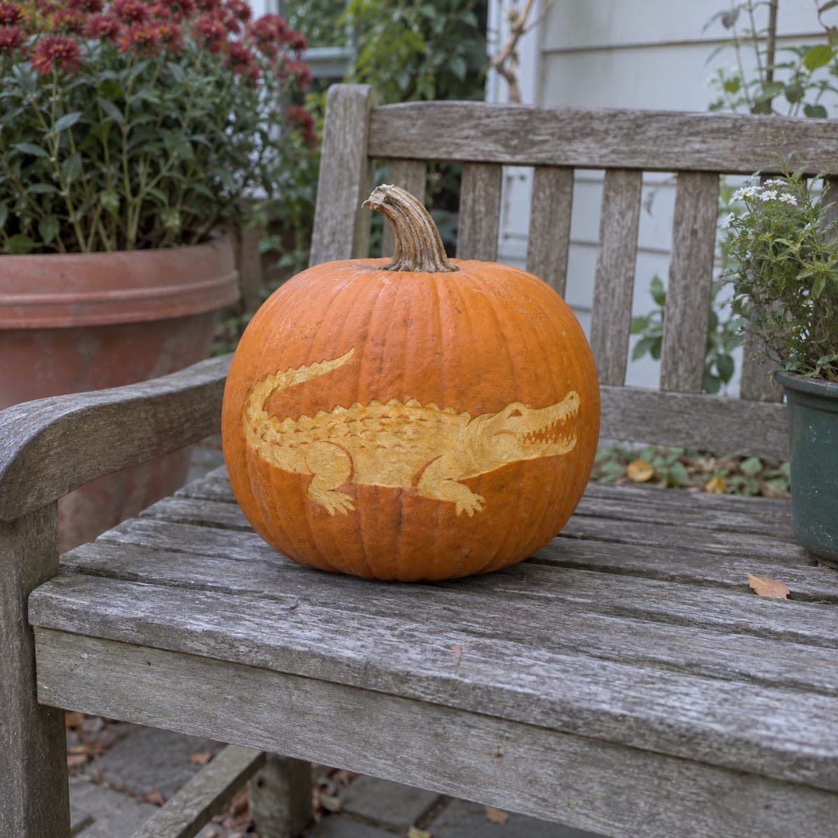 Alligator Etched Pumpkin With Toothy Grin