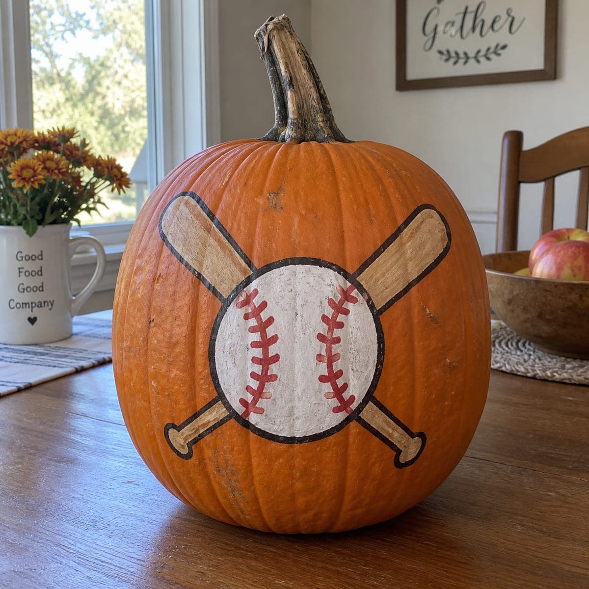 Baseball and Crossed Bats Painted Pumpkin